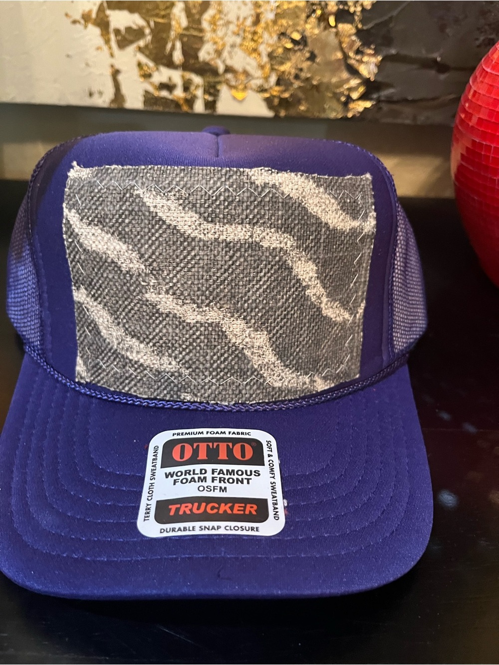 Kilim patch Purple Trucker Hat with Patterned Mesh Front